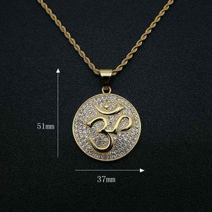 yunnique Hip Hop Jewelry Gold Plated Stainless Steel Om Pendant Necklace Pave Setting Unisex Gift - Product Image 3