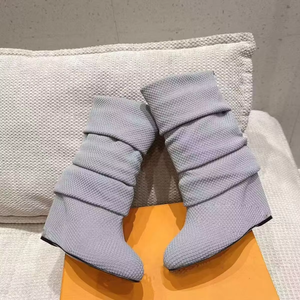 Bottes en jean pour femme, style tie-dye, à talons hauts, bout rond, avec boucle, montantes jusqu'au genou, nouvelle couleur, amovibles, style créateur - Product Image 4