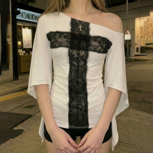 Summer New Arrival Loose Plus Size Regular Short Sleeve Vintage Punk Casual Eco-Friendly Women's Lace <b>Patchwork</b> T-<b>Shirt</b> - Product Image 2