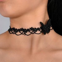 Colliers ras du cou papillon doux pour femmes, style français, chaîne de clavicule en dentelle florale, bijoux de fête