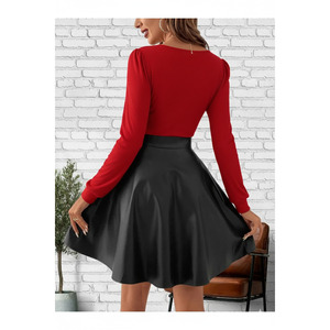 Vestido de Mujer Rojo de Cuero con Falda, Manga Larga, Cuello Cuadrado, Vestido de Cóctel con Cinturón, Cintura Alta y Dobladillo Asimétrico - Product Image 4