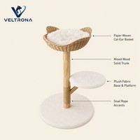 Arbre à chat avec panier en osier oreilles de chat, base en peluche, tronc en bois et perchoir, mobilier d'escalade d'intérieur, vente en gros