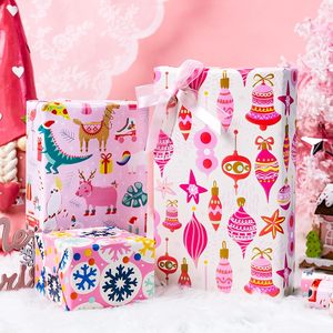 Rouleaux de papier cadeau de Noël rose 17x120 pouces, papier artistique double face, flocons de neige, clochettes, animaux mignons, ensemble de papier cadeau pour enfants - Product Image 2