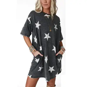 Gota ombro confortável elegante túnica vestido mineral lavado francês terry mini vestido bonito estrela impressão t-shirt vestidos fornecedor