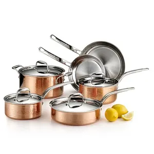 Peralatan Masak Tembaga Stainless Steel, Set Peralatan Masak Tembaga Stainless Steel Tiga Lapis, Palu Kualitas Tinggi dengan Pegangan Keling Warna Emas