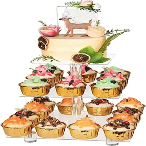 プレミアムアクリル3層カップケーキタワースタンドカップケーキスタンドクリアカップケーキホルダーディスプレイペストリーの結婚式の誕生日のためのベース付き