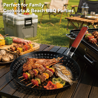 Panier de barbecue pliable en acier au carbone rond de 12 pouces avec revêtement antiadhésif, placage en chrome et poignée en bois