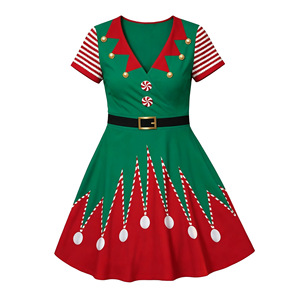 Christmas <b>Elf</b> Costume Women Short Sleeve V Neck Fitted Waist Flared Skirt Fancy <b>Dress</b> Party Outfit - Product Image 5