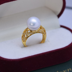 Bague en argent S925 pour femme, perle d'eau douce, 11-12 mm, ronde, blanche, forte brillance, perle délicate, ouverture réglable, design creux - Product Image 1