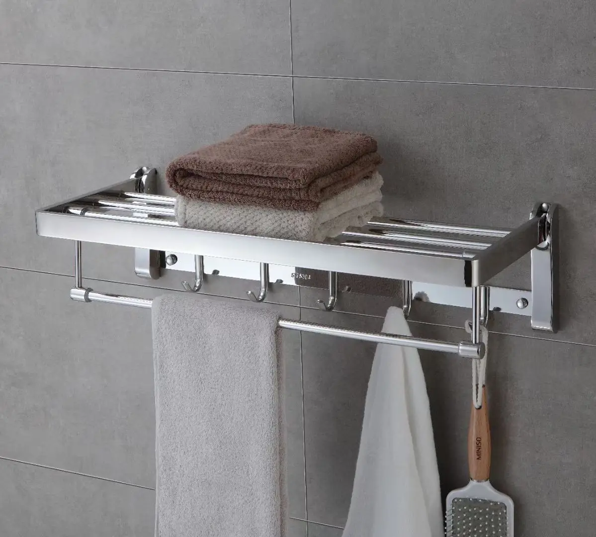 TOMU Modern Durable Strong Towel Rack SS304 Chrome Towel Holder Bathroom Accessory 60cm Towel Rack With Hooks