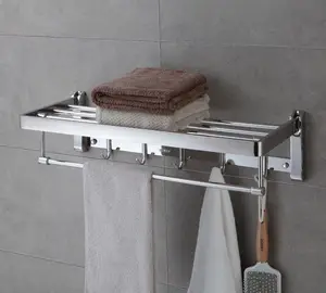 TOMU आधुनिक टिकाऊ मजबूत तौलिया रैक SS304 क्रोम तौलिया धारक बाथरूम सहायक 60 सेमी तौलिया रैक हुक के साथ