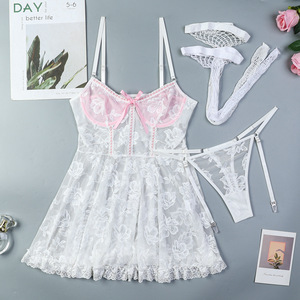 ชุดชั้นในลูกไม้ปักลายซีทรูสุดฮิต กระโปรงสั้น บรา กางเกงใน ขายดี - Product Image 6