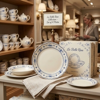 Service de vaisselle en céramique bleu et blanc à fleurs, style campagne française, avec décor vintage, assiettes en porcelaine pour mariages, banquets, hôtels et vente au détail