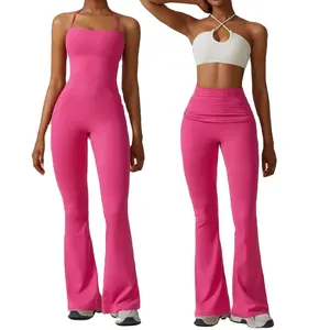 New Quick-Drying Tight Flared Bodysuit Nude Casual Sports Fitness Wear Micro Yoga Plus Size Jumpsuit For Women