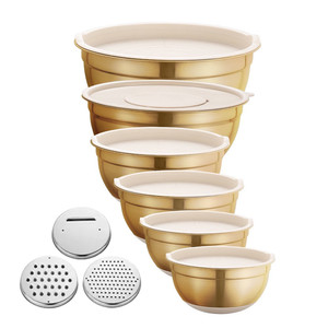 Ensemble de bols mélangeurs empilables en acier inoxydable kaki avec couvercles hermétiques et râpe, pour le stockage alimentaire, design moderne et simple - Product Image 4