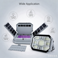 Lampe de travail solaire super lumineuse 200W, à intensité variable en continu, panneau solaire pliable, lampe d'urgence portable pour le camping en extérieur