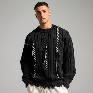 Người đàn ông của thiết kế đau khổ cáp đan áo len màu đen với màu trắng khâu chi tiết sờn và cổ áo quá khổ Áo Thun Jumper - Product Image 1