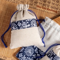 Sac en tissu de coton recyclable avec cordon de serrage, style chinois, en porcelaine bleue et blanche, pour emballage et rangement, vente en gros