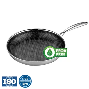 2024 Wholesale 30cm Nonstick Honeycomb Pans Kitchen Cooking Skillet Tri-ply Stainless Steel Fry Pan PFOA Free