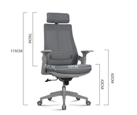 Chaise de bureau ergonomique moderne en maille grise avec dossier haut, assise en mousse réglable et base pivotante à 360 degrés