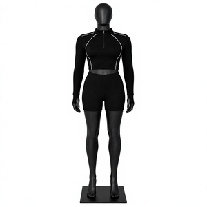 Ensemble de yoga 2 pièces pour femme, noir uni, haut court à manches longues avec quart de zip, short taille haute, bordure contrastante, sans couture, respirant - Product Image 1