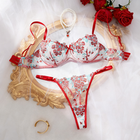 Vente flash - Ensemble de lingerie sexy pour femmes, soutien-gorge ultra-fin avec broderie de fleurs de lys, dentelle transparente, ensemble de lingerie