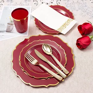צלחת אדומה חד פעמית בצורת פלסטיק תחרה עם מסגרת זהב 7.5 אינץ' צלחת קינוח 10.25 אינץ' צלחת ארוחת ערב ורודה