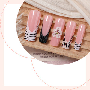 24 faux ongles ballerine à presser, motifs fleur, léopard, zèbre, français, longueur moyenne, en acrylique, couverture complète - Product Image 2