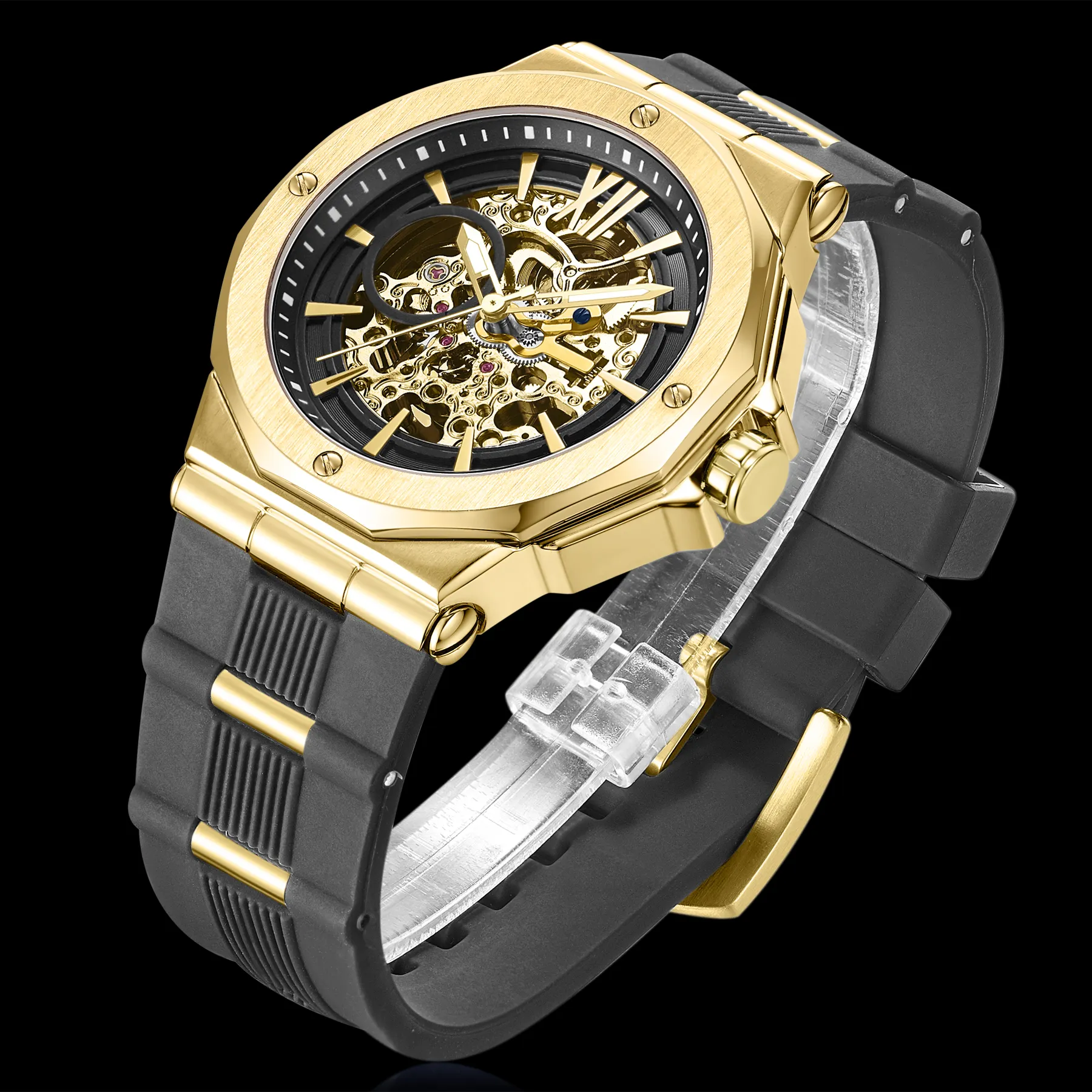 Luxury Brand Relojes Hombre Man Gold Mechanical Wrist Automatico Watch Waterproof Transparent Skeleton Wrist Watch Automatic