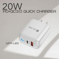 Nouveau chargeur mural USB avec lumière LED, charge rapide QC 3.0 PD 20W, adaptateur UK US EU, chargeur USB C pour iPhone 17 16 15 Samsung