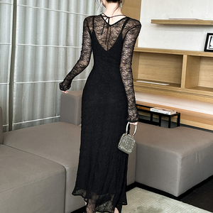 ZYHT 9806 europeo caldo Sexy <span class=keywords><strong>trasparente</strong></span> Club Party elegante <span class=keywords><strong>nero</strong></span> pizzo abito lungo manica lunga donna - Product Image 2