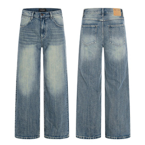 <span class=keywords><strong>Jeans</strong></span> de mezclilla vintage americanos azul cian de cintura media, lavado medio, de pierna recta, para <span class=keywords><strong>hombre</strong></span> y mujer, con patrón de slub, holgados y anchos, para verano e invierno. - Product Image 1