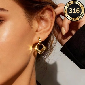 Boucles d'oreilles en acier inoxydable 316L, style européen et américain, géométriques, carrées, ajourées, légères et luxueuses, boucles d'oreilles françaises. - Product Image 1