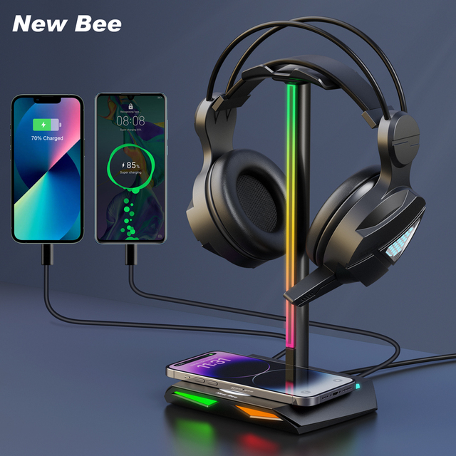 New Arrivals 2 Type-C 1 USB Port Headset Holder with RGB Lighting Wireless Charging Headphone Stand for Office Home Gaming