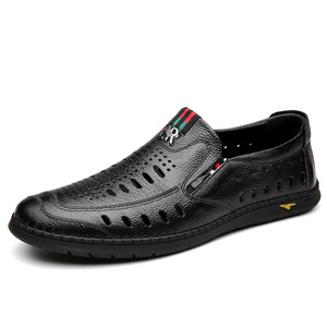 Mocasines de cuero perforado transpirable para hombre, con suela de goma de tacón bajo, zapatos casuales sin cordones para uso diario. - Product Image 5