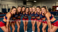 Ensemble d'entraînement de cheerleading personnalisé sublimé bleu marine et rouge avec soutien-gorge de sport dos nageur orné de strass et short de compression pour l'entraînement des équipes de cheerleading