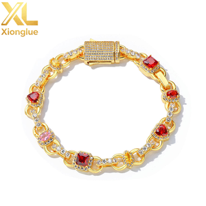 Hip Hop Jewelry 18K Gold Plated Gemstone Chain <b>Bracelet</b> Womens Heart Shape <b>Red</b> Zircon Geometric Design Link Chain for Gift - Product Image 1