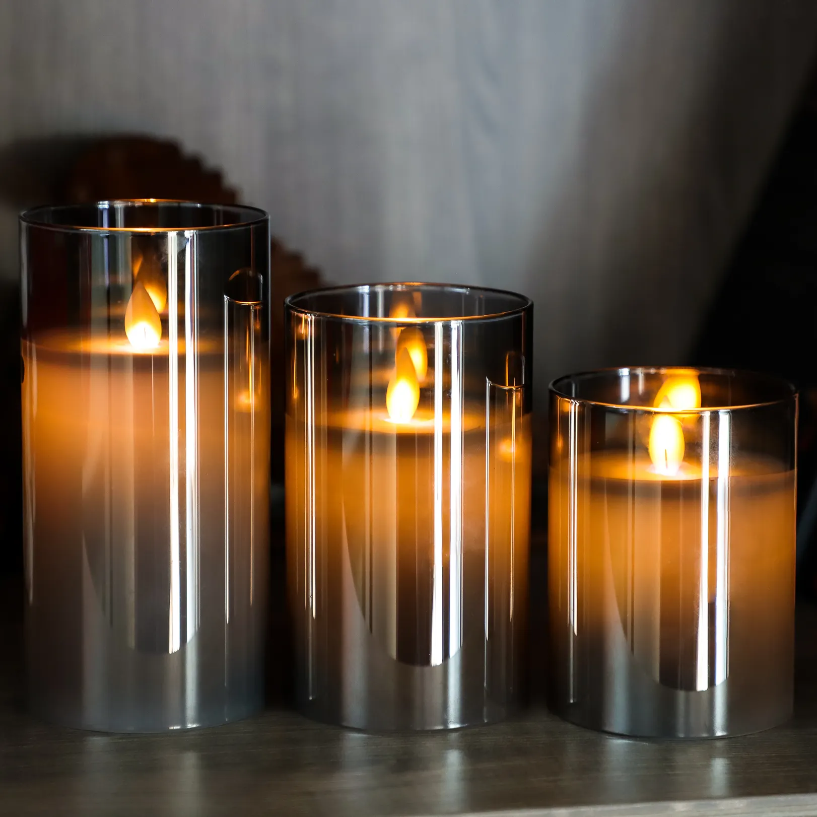 Bougie LED sans flamme 3D pot en verre gris ambre set 3 bougies bougies à led en cire de paraffine véritable avec télécommande pile 2AA
