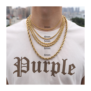 Collar <span class=keywords><strong>de</strong></span> Cadena <span class=keywords><strong>de</strong></span> Cuerda Trenzada <span class=keywords><strong>de</strong></span> Acero Inoxidable 316 con Logotipo Personalizado, Chapado en Oro <span class=keywords><strong>de</strong></span> 18K, Joyería al por Mayor, Grueso, Impermeable e Hipoalergénico - Product Image 1