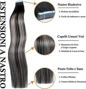Extensioni di <span class=keywords><strong>Capelli</strong></span> <span class=keywords><strong>Veri</strong></span> Pre-Bonded Balayage Ombré a Doppia Faccia, Lisci Remy, Nero Grigio Argento, 28 Pollici, 10 Pezzi, 20g - Product Image 2