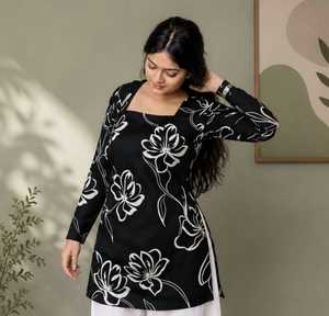 Robe de plage noire à imprimé floral pour femme, col en V, manches longues, tunique courte, pour la plage, les vacances, le quotidien, viscose/coton, séchage rapide, respirante - Product Image 1