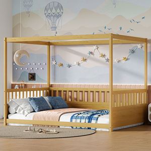 Lit à baldaquin en bois massif avec barrières de sécurité, structure assemblable en pin couleur blé pour enfants, adultes et personnes âgées - Product Image 4