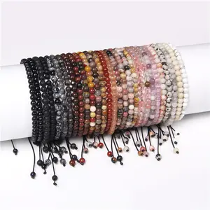 批发4毫米串珠编织可调天然生宝石半宝石瑜伽珠手镯