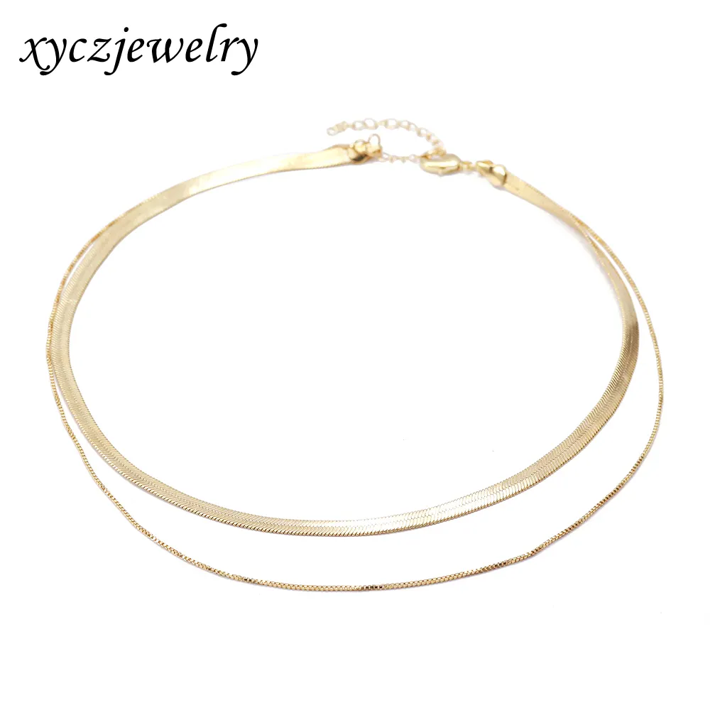 Fashion 2 Layers Necklaces Solid Brass Chains Gold Plated Women Necklace Chains