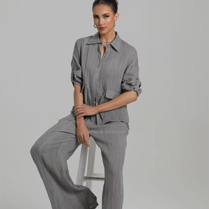 Ensemble deux pièces décontracté en lin non tissé 100 % pour femme – Haut léger et pantalon large respirant style <span class=keywords><strong>littéraire</strong></span> – Idéal printemps/été - Product Image 1