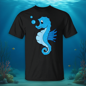 Camiseta Infantil con Diseño de Caballito de Mar, Azul, Estilo de Dibujos Animados, Manga Corta, Cuello Redondo, Unisex, Impresión Digital - Product Image 3