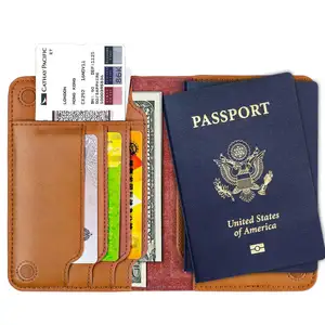 Nuevas llegadas marrón de cuero genuino id titular de la tarjeta de crédito visa titular de pasaporte