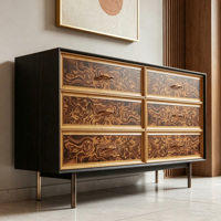 Commode à six tiroirs en bois massif de style médiéval, commode de chambre à six tiroirs, armoire de rangement vintage, table d'appoint en placage de ronce, meuble TV