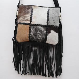 Sac bandoulière en patchwork de cuir de vachette avec franges, style hip-hop, fermeture éclair en daim, toutes saisons, usage quotidien, plage, CUIR TEXTILE SUR MESURE - Product Image 2