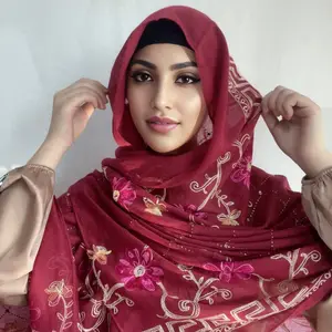 2024 baru terbaru syal jilbab Muslim berlian imitasi mencair panas syal kerudung katun Linen bordir syal jilbab